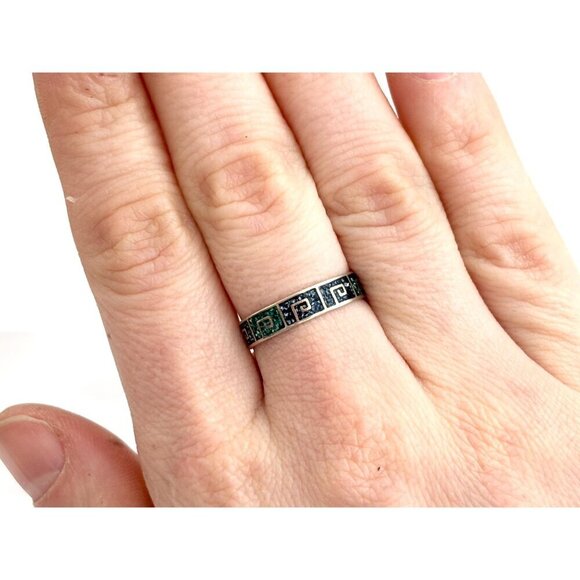 Mexican Made Mosaic Turquoise Inlaid Vintage Sterling Geometric Ring - sz 7.25 - Picture 5 of 7